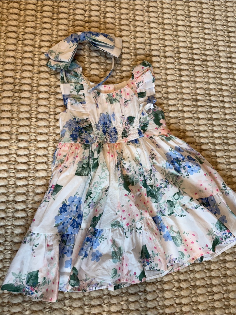 Girls White Floral Sundress with Blue & Green Print